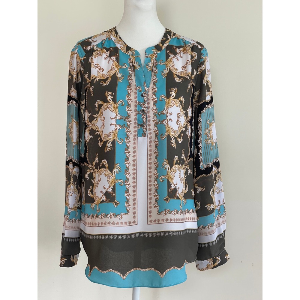 Baroque Scarf Print Blouse Teal Olive Gold Split Neck Long Sleeve Top Size M